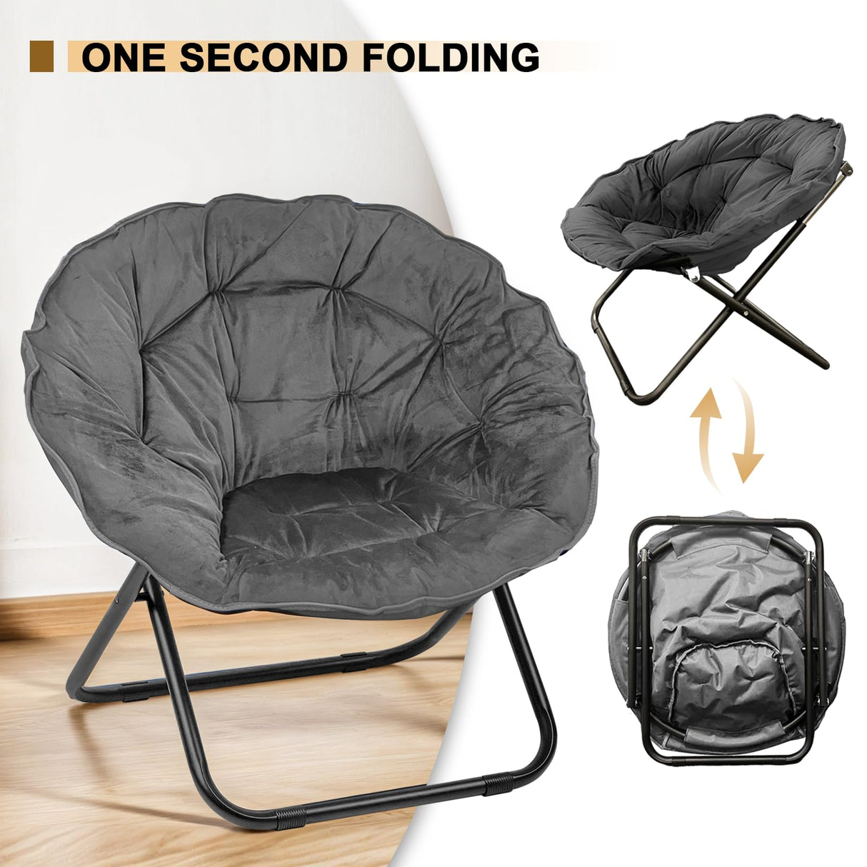 Folding Saucer Chair, Lazy Moon Chair with Metal Frame, Comfy Bedroom Chairs for Bedroom, Living Room, Study Grey JC Grezone