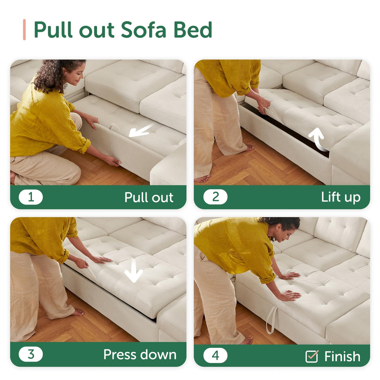 HONBAY Sleeper Sectional Sofa with Pull Out Bed, U Shaped Sectional Sleeper Couch with Storage Chaise, Convertible Sectional Sleeper Sofa Bed, Beige HONBAY