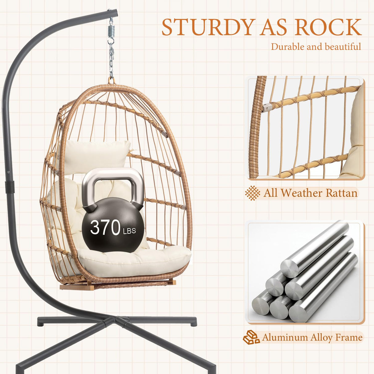 Hanging Egg Chair with Stand and Footrest for Indoor Outdoor - Patio Swing Egg Chairs Wicker Hammock Chair Bedroom, Aluminum Steel Frame and UV Resistant Cushion 370LBS Capacity for Kids Adults, Beige XIAO WEI