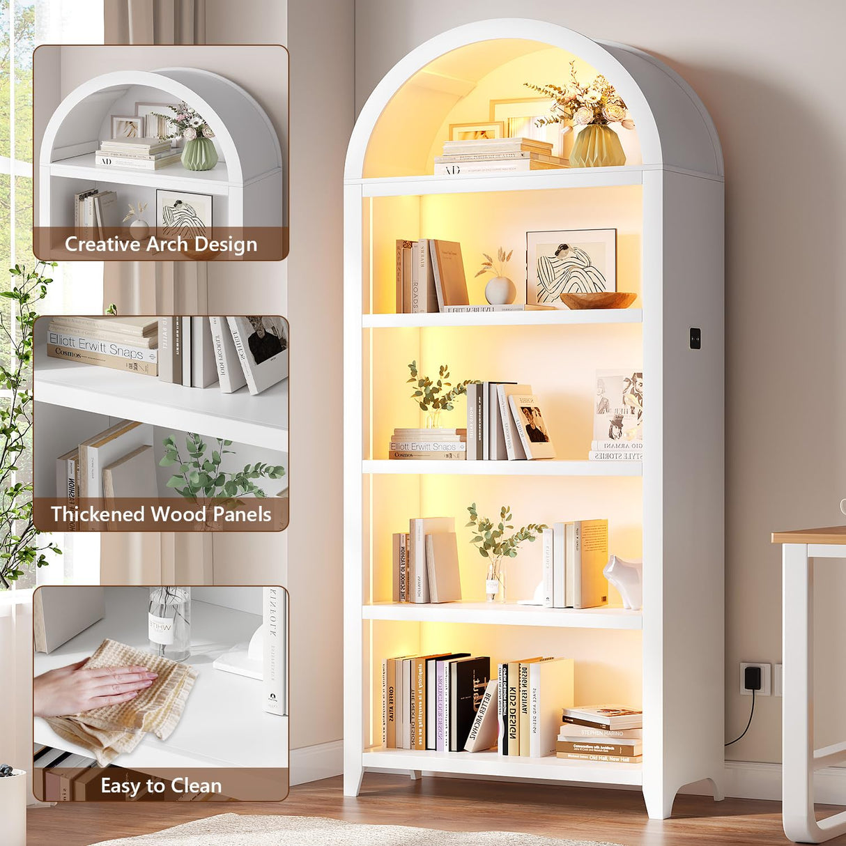 SKKTKT Arch Bookcase - 5 Tiers Bookshelf with 3 Colors LED Sensor Lights and Thickened Wooden Design Display Shelf for Lego Books Bathroom Living Room - Ideal Gift (White) SKKTKT