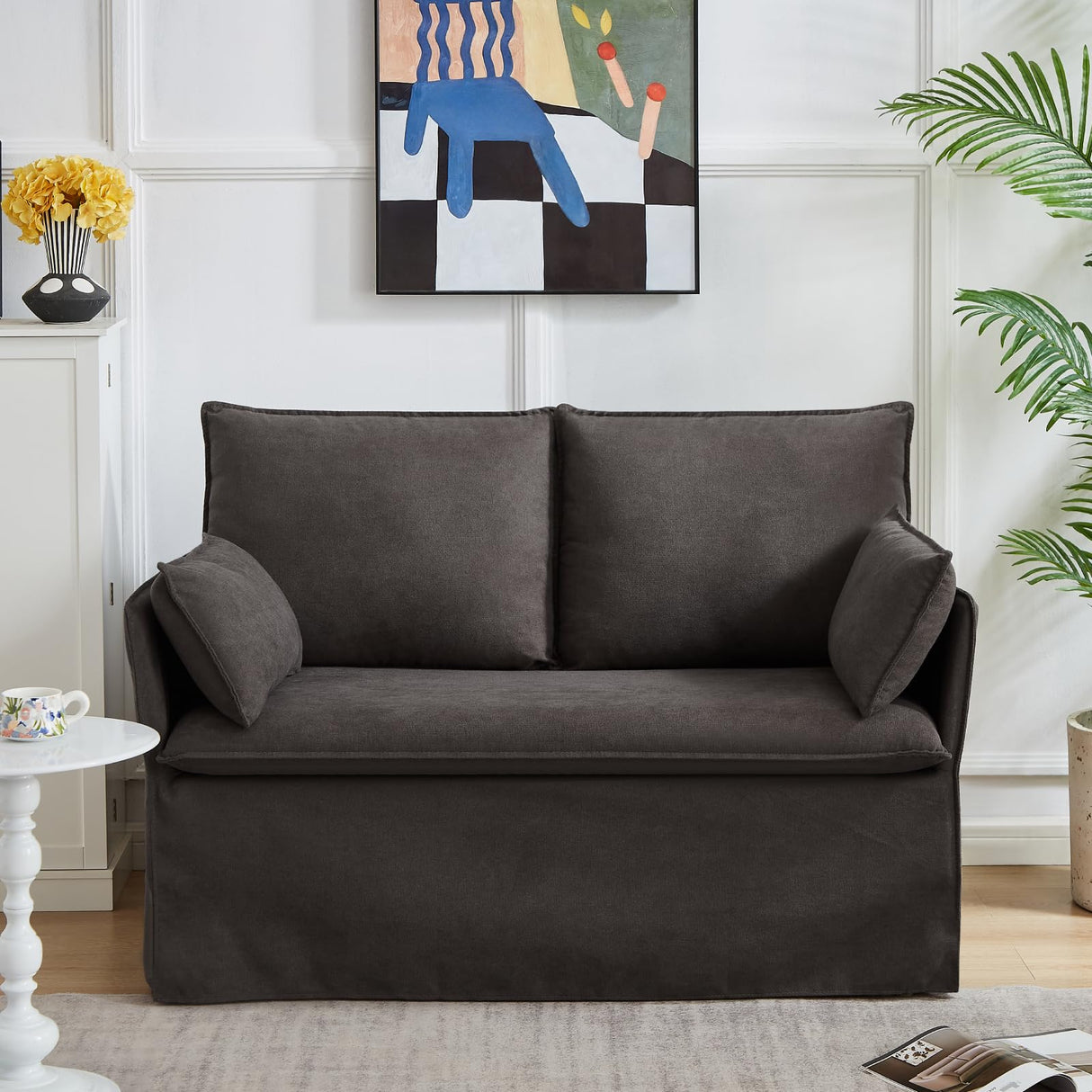 Sivoey Slipcovered Loveseat Sofa, 52" Small Couch with Throw Pillows, Single Seat Cushion, Easy Assembly, Modern Loveseat Sofa for Living Room, Office, Apartment, Small Space, Brown Sivoey