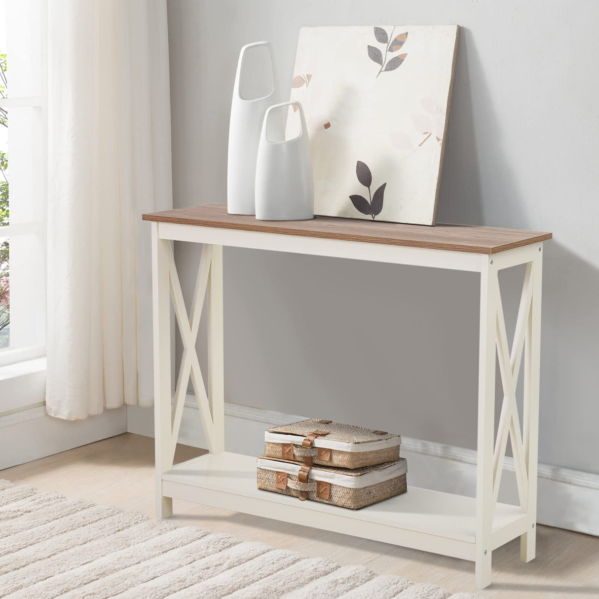 Sophia & William Console Table with Storage Shelf, 2 Tier Farmhouse Sofa Table for Entryway, Hallway, Living Room, Ivory+Oak Sophia & William
