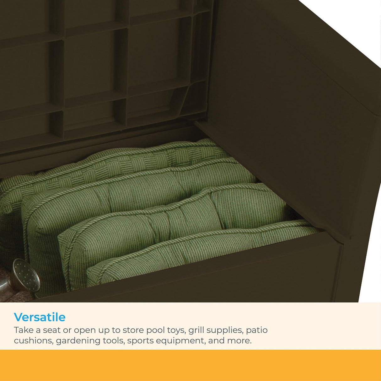 Suncast 31 Gallon Outdoor Backyard Garden Patio Seat Storage and Bench Chair with Arm Rest, Java Suncast