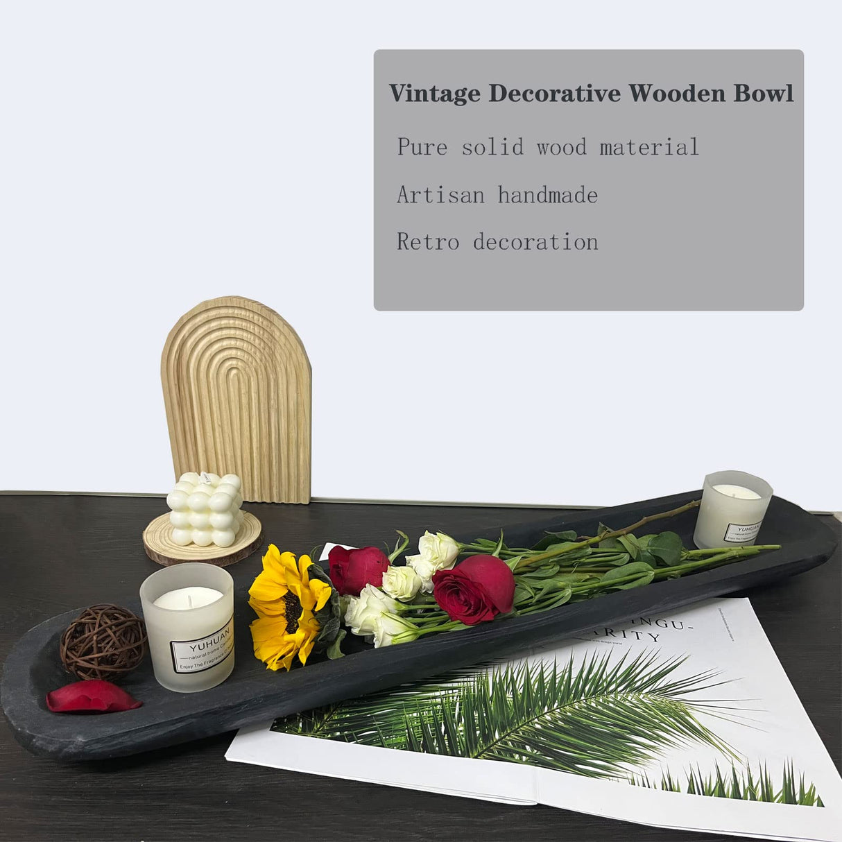 Wooden Dough Bowls Decorative,Rustic Bread Long Bowls Decor Wood Tray, Hand Carved for Table Centerpiece Decor, Home Decor (30 * 6 * 2 inch Black) BEDAZE