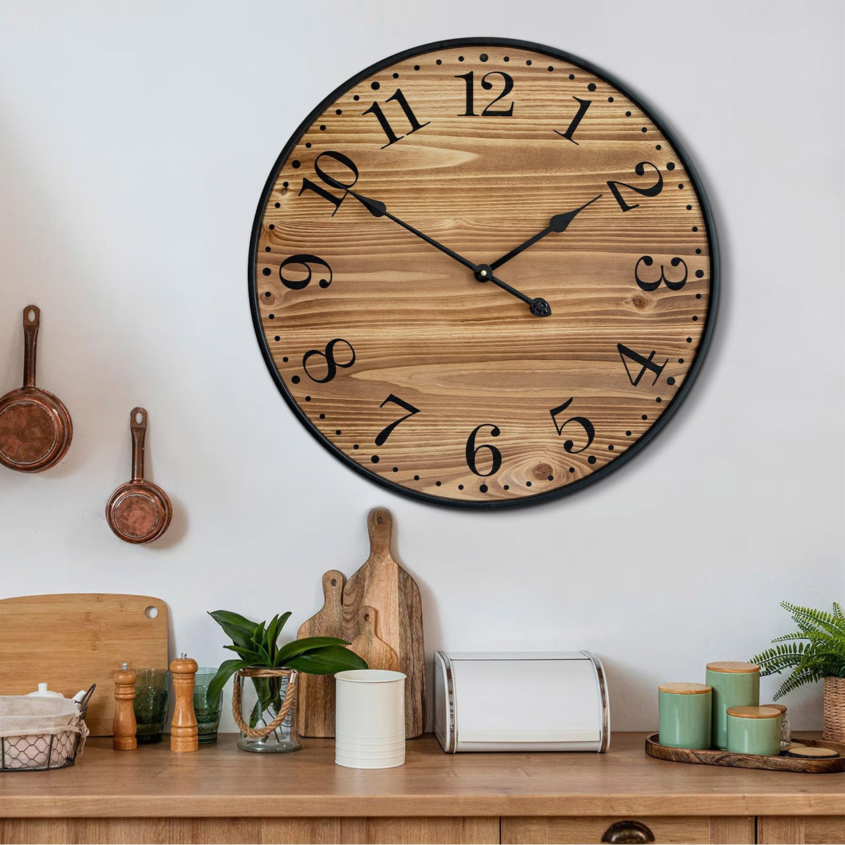 UPPER DECOR Rustic Farmhouse Wall Clocks for Living Room Decor, Large 24 inch Wall Clock with Dark Brown Wooden Face and Black Metal Frame, Silent Battery Operated for Kitchen Bedroom Entryway UPPER DECOR