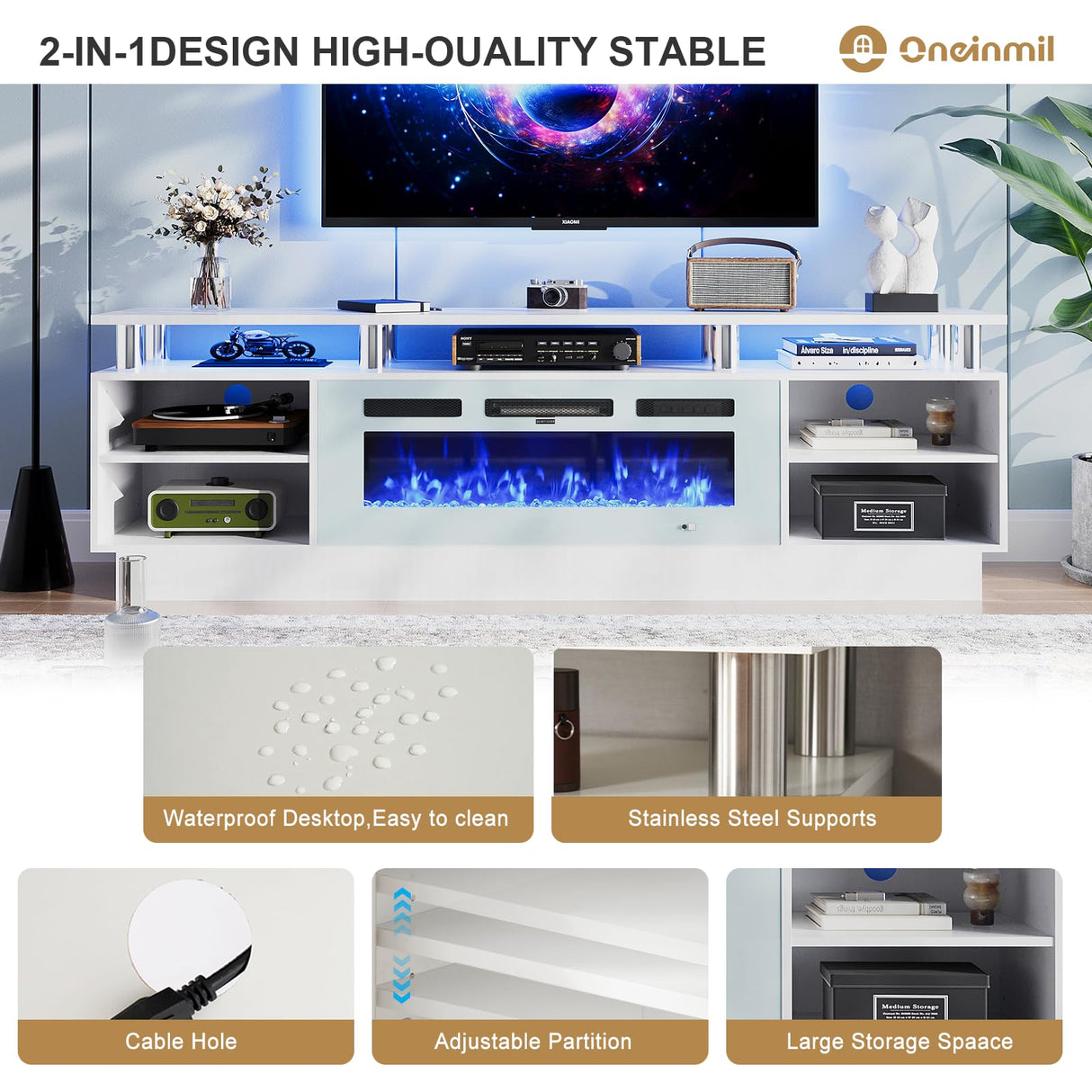 oneinmil Fireplace TV Stand with 36” Electric Fireplace, 70” 2 Tier TV Console Stand for TVs Up to 80", LED Light Entertainment Center, Fireplace for The Living Room TV Stand, White oneinmil