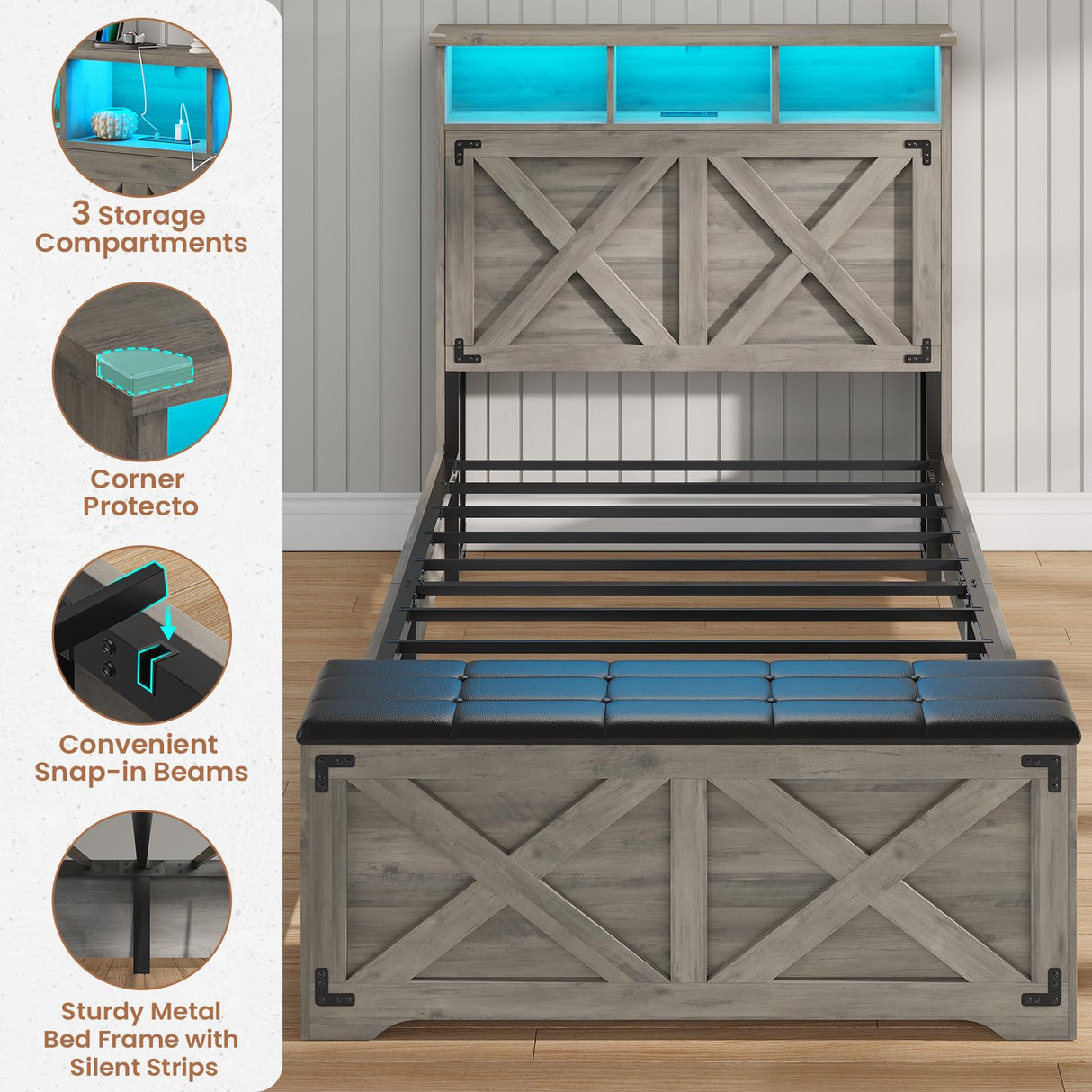 Hasuit Farmhouse Bed Frame Twin Size with Storage Headboard, Charging Station and LED Light, Wooden Twin Bed Frame with Storage Ottoman, Barn Door Design, No Box Spring Needed, No Noise (Oak Grey) Hasuit