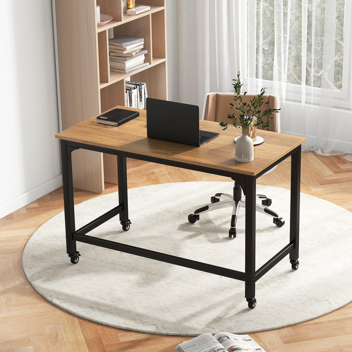 Giantex 48" Rolling Computer Desk, Mobile Study Writing Desk with 4 Smooth Wheels & Metal Frame, Simple Style Home Office Work Bench, Movable Workstation for Living Room, Study & Bedroom (Natural) Giantex