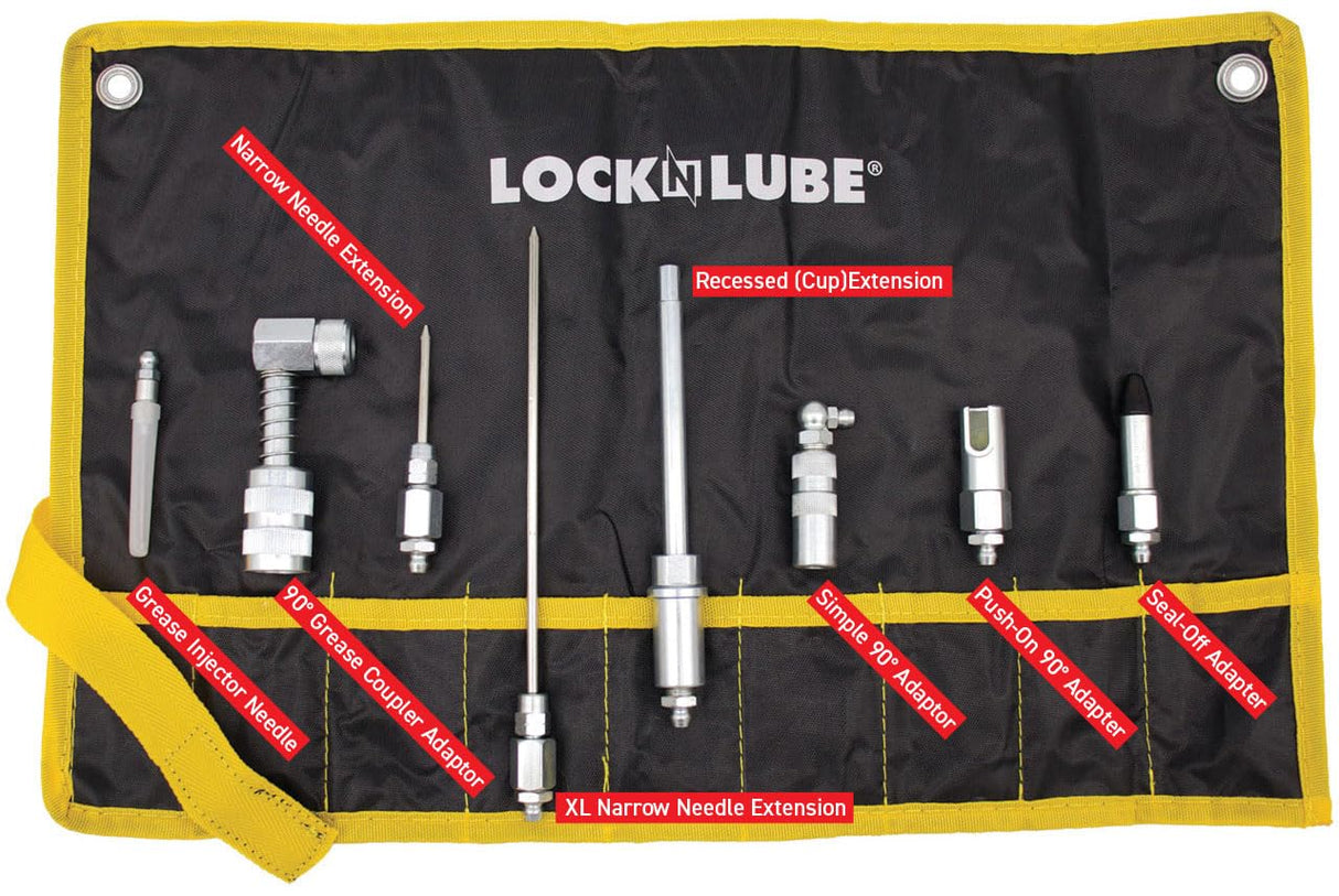 LockNLube 8-Piece Quick Connect Greasing Accessory Kit. Complete grease fitting connection kit. Reach any grease fitting on any machine. The rip-stop case keeps tools clean and portable. LockNLube
