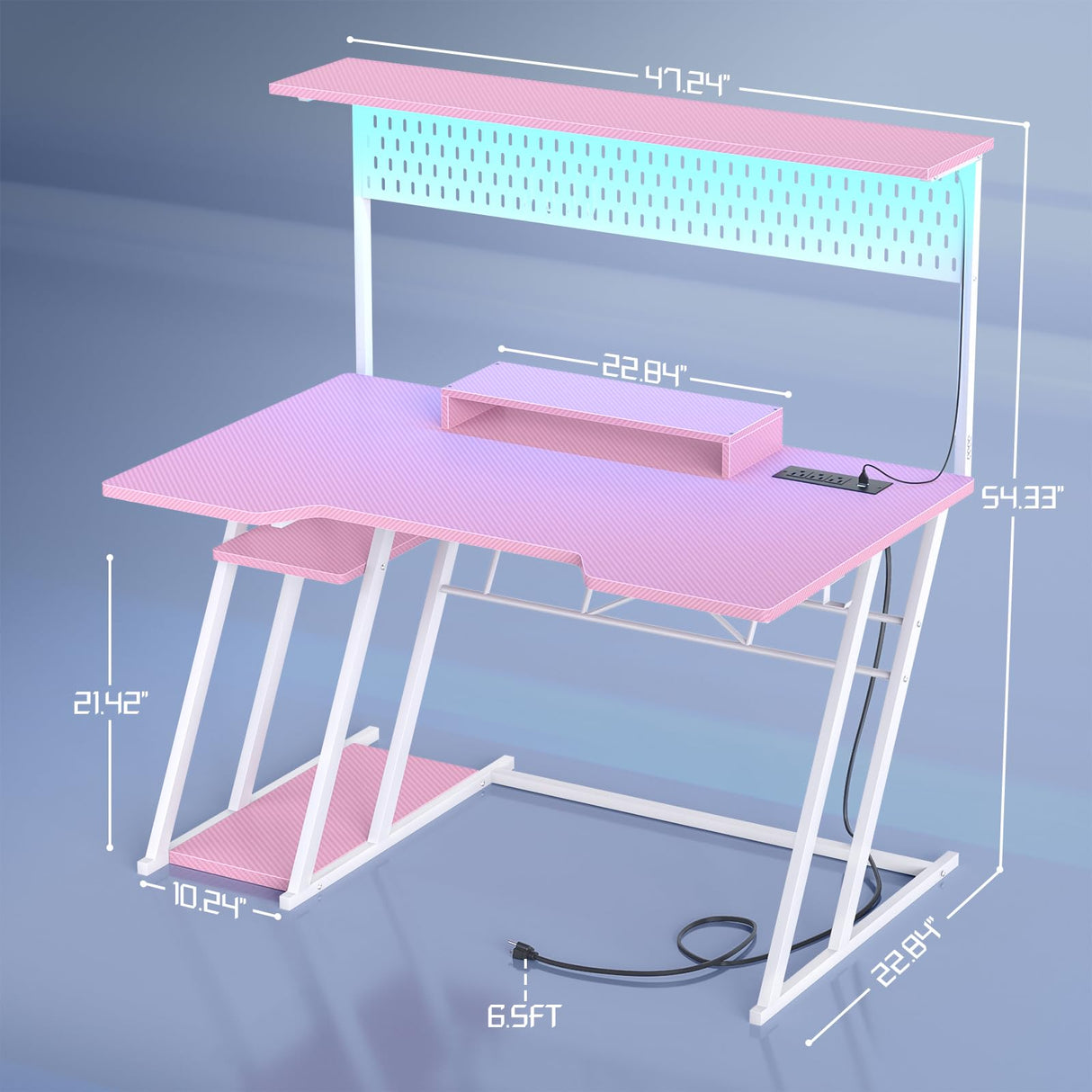 Gaming Computer Desk with Power Outlets, Gaming Desk with Hutch and LED Lights, Reversible PC Gaming Desk with Pegboard, Carbon Fiber Pink, 47" armocity