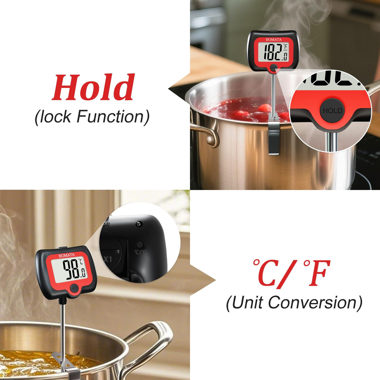 BOMATA Candy Thermometer with Pot Clip, Instant Read Cooking Thermometer with 8" Long Probe, Rotating Display, for Candy Making, Food, Candle Making, Liquids, Water, Baking, Sugar, Grilling. Black BOMATA