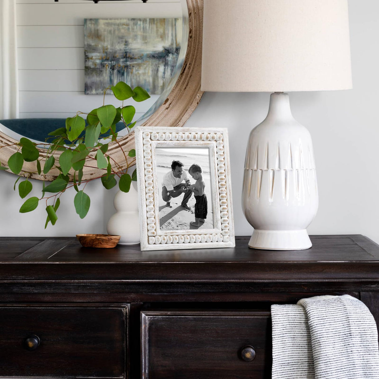 UPPER DECOR Whitewashed Wooden 5x7 Picture Frame with Beaded Design – Rustic and Boho Style, Decorative 5x7 Photo Frame for Home Decor, Farmhouse Rustic Picture Frame for Photos UPPER DECOR