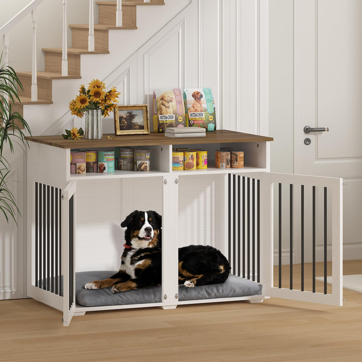 41 inch Dog Crate Furniture, Farmhouse Dog Kennel Indoor with Divider & Shelf Storage, Wooden Indoor Dog Crate for 2 Dogs, Decorative Pet Crate End Table for Large Dogs, White REVOMINCA