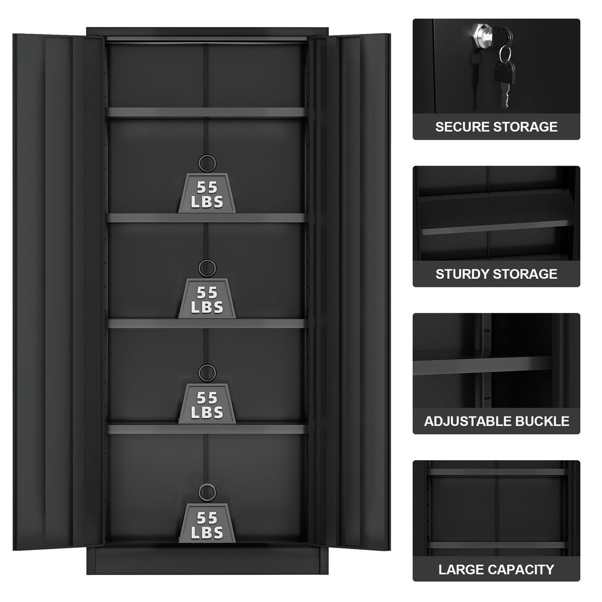 JUMMICO Metal Storage Cabinet with 2 Locking Doors and 4 Adjustable Shelves, 71" Tall Freestanding Utility Steel Storage Cabinet for Home Office, Pantry, Garage (Black, 16 x 32) JUMMICO