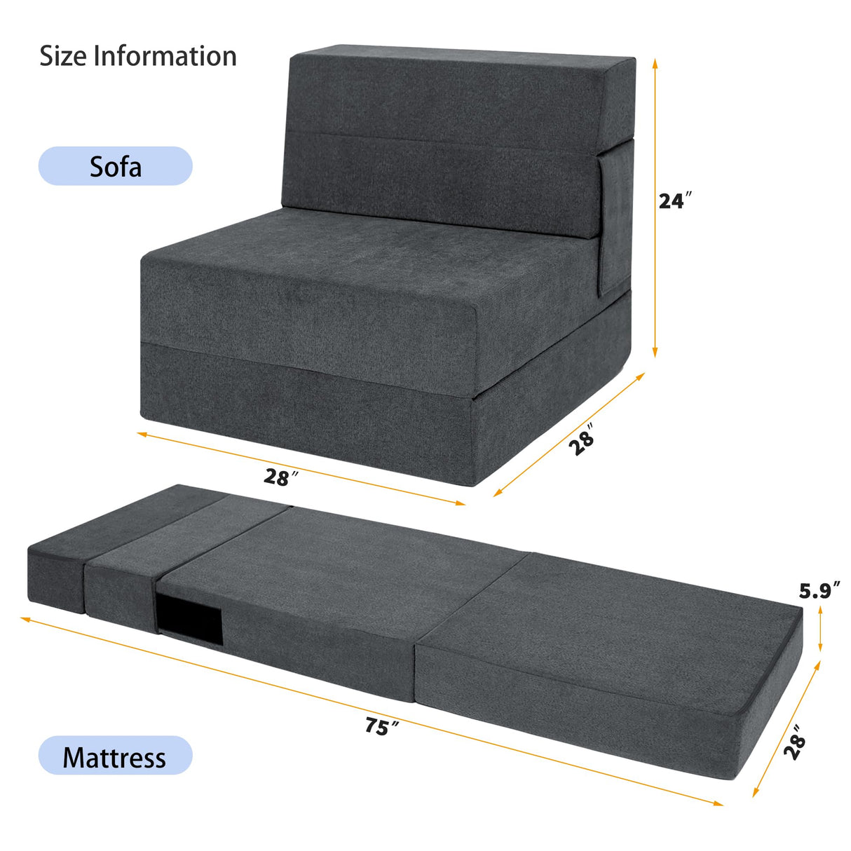 Ressainic Folding Sofa Bed Chair with Pillow,Convertible Fold Out Chair Bed Sleeper,Foam Floor Mattress, Foldable Futon Couch Bed for Living Room/Dorm/Guest/Office (Grey, Single) Ressainic