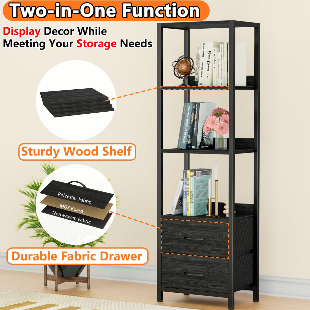 Furnulem 4-Tier Corner Shelf, Bookshelf with 2 Storage Drawers, 57.28”Tall Narrow Bookcase, Standing Shelf Organizer Unit for Living Room, Bedroom, Metal Frame, Wood Display Shelf Furnulem