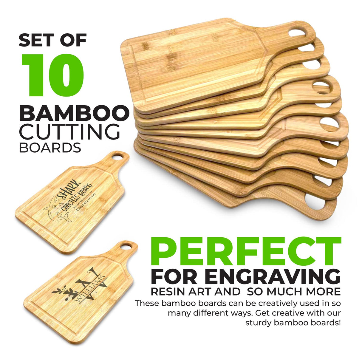 Bulk Plain Bamboo Paddle Cutting Board (Set of 10) | For Customized, Personalized Engraving Purpose | Wholesale Premium Blank Bamboo Board (Handle 13" x 6") Ven-Trap