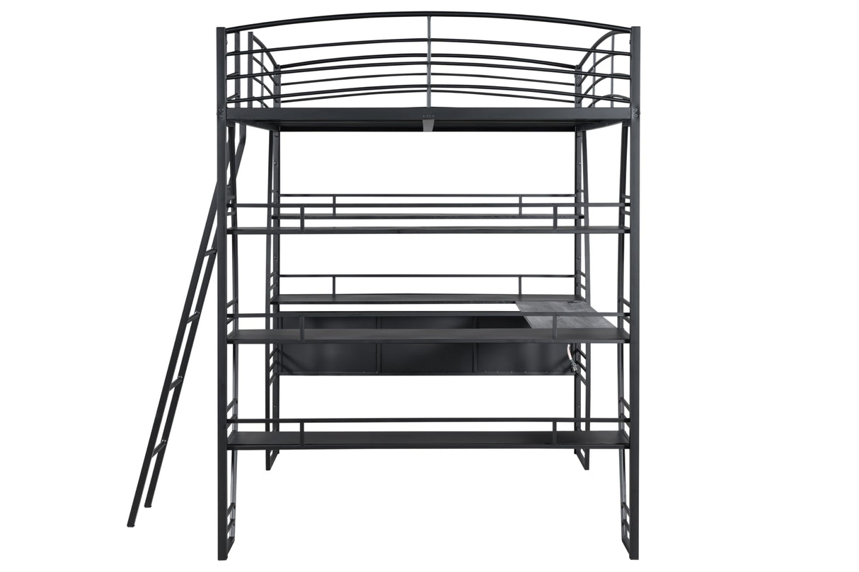 DNYN Full Size Loft Bed with Desk & Shelves & Sockets & USB Ports & Wireless Charging Design,Sturdy Metal Bedframe w/Ladder & Safety Guardrails,Perfect for Dorm,Bedroom,Guest Room, Black DNYN