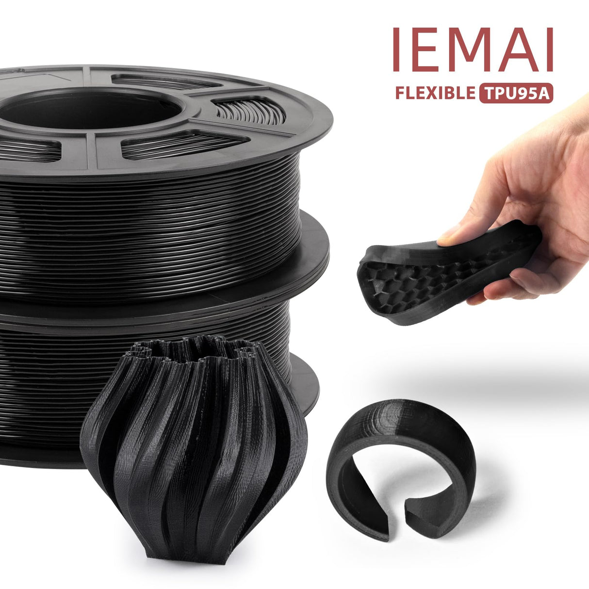IEMAI 95A TPU Filament 1.75mm, Flexible & Soft 3D Printer Filament, Strong Adhesion & Durability, Tangle-Free, Black 1kg Spool for Protective Parts, Wearables & Industrial Use IEMAI