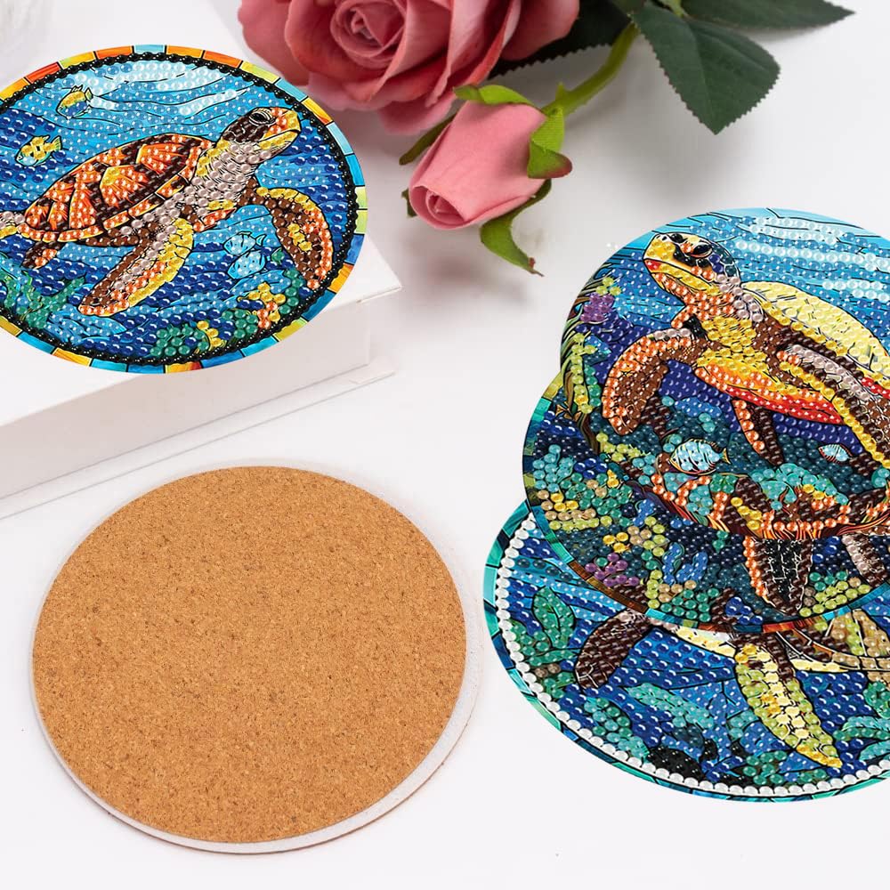 mrpwnle 8 Pack Turtle Diamond Art Coasters Kits, Sea Turtle Diamond Painting Coasters Kits Set with Holder Cork Pads, DIY Diamonds Art Non Slip Coaster Crafts Supplies Kit mrpwnle