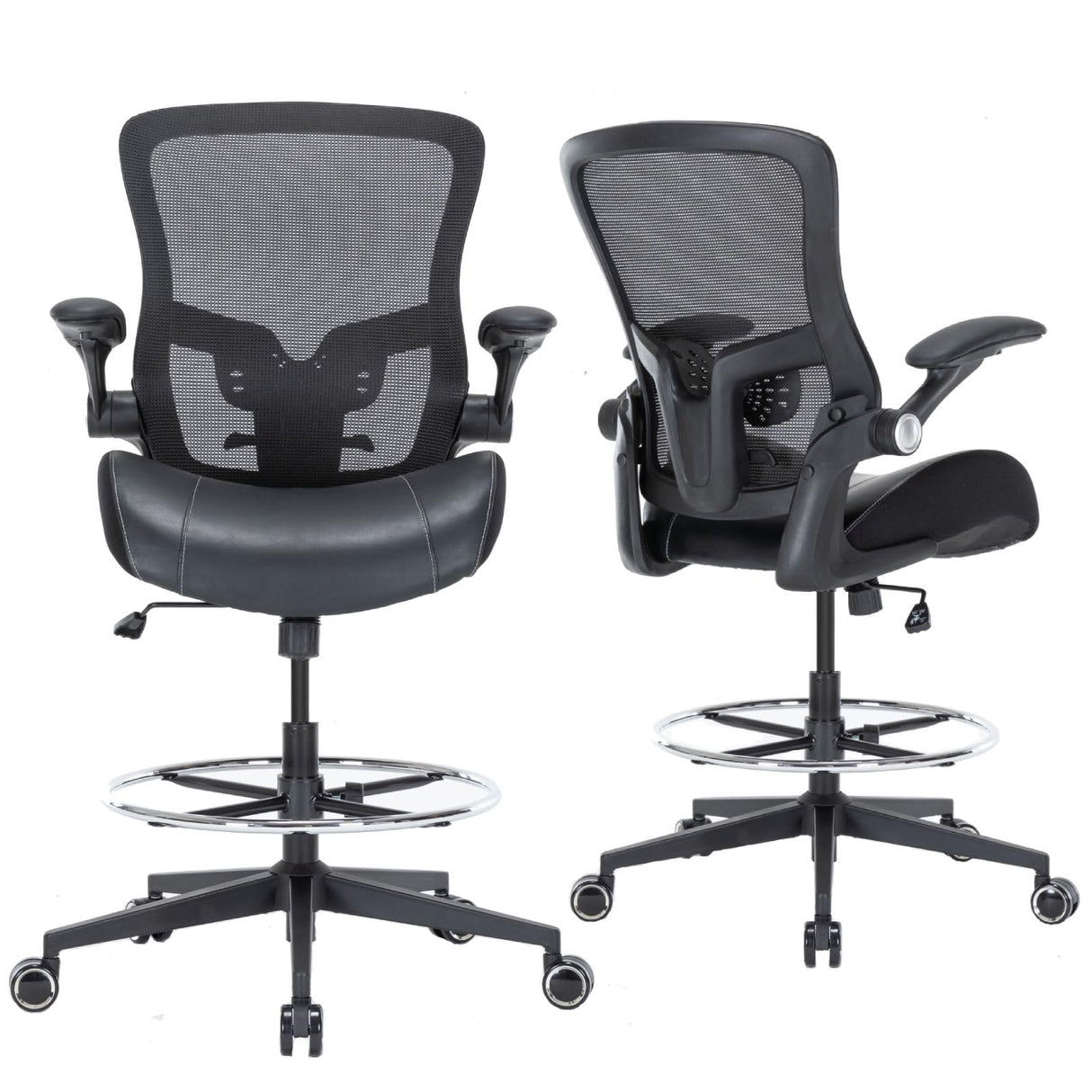 HOMIFYCO Drafting Chair, Tall Office Chair with Flip-up Armrests, Standing Desk Chair Counter Height Office Chairs with Footrest and Adjustable Lumbar Support Black HOMIFYCO