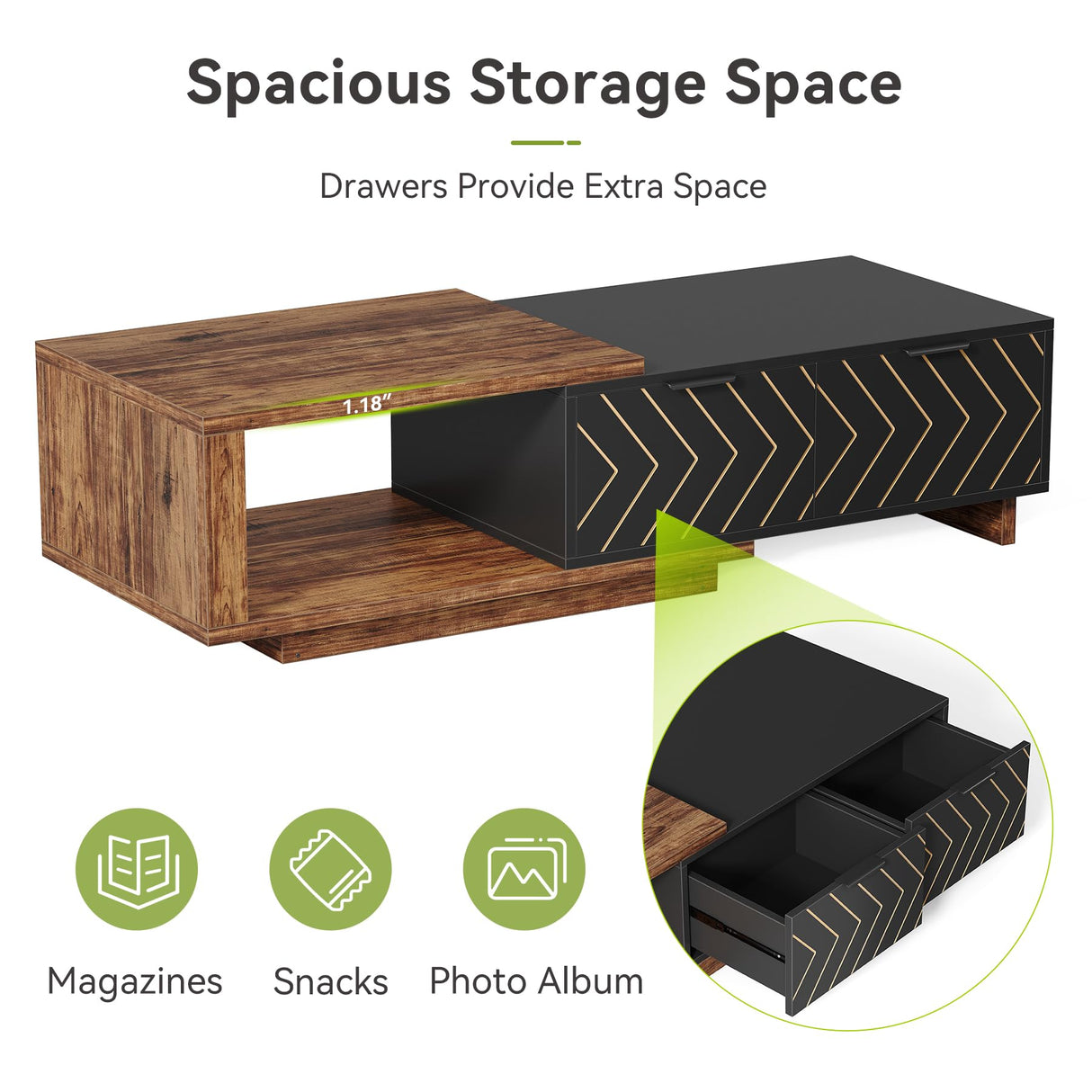 LITTLE TREE Expandable Wooden Coffee Table with 2 Drawers, Space-Saving Rectangular Farmhouse Center Table, Perfect for Living Room and Office, Brown and Black LITTLE TREE