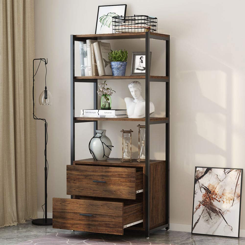 Tribesigns Rustic 4-Tier Bookcase with 2 Storage Drawers for Home Office Tribesigns