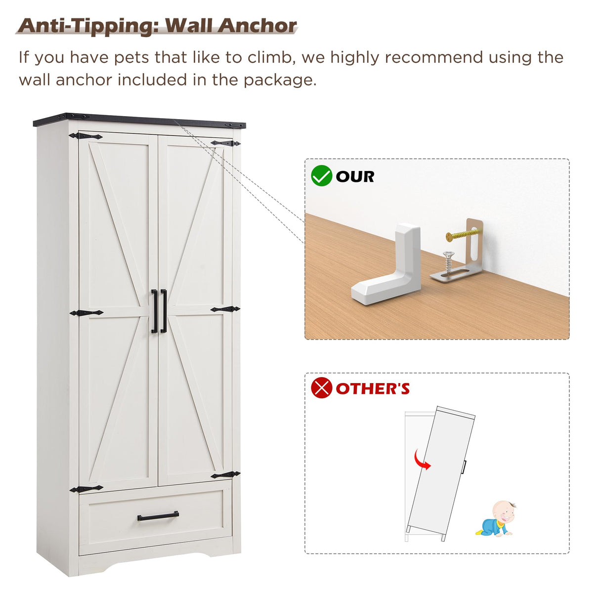 XIASLO 72" Tall Wood Storage Cabinet, Farmhouse Kitchen Pantry Cabinet with Adjustable Shelves & Drawer & Barn Doors, Versatile Storage for Kitchen, Dining Room, Bathroom, Antique White XIASLO