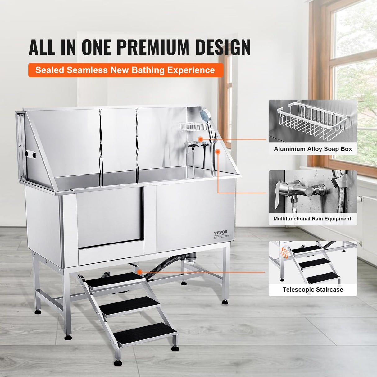 VEVOR 62" Pet Dog Bathing Station w/Stairs, Professional Stainless Steel Dog Grooming Tub w/Soap Box, Faucet,Rich Accessory,Bathtub for Large,Medium,Small Pet, Washing Sink for Home(Left) VEVOR