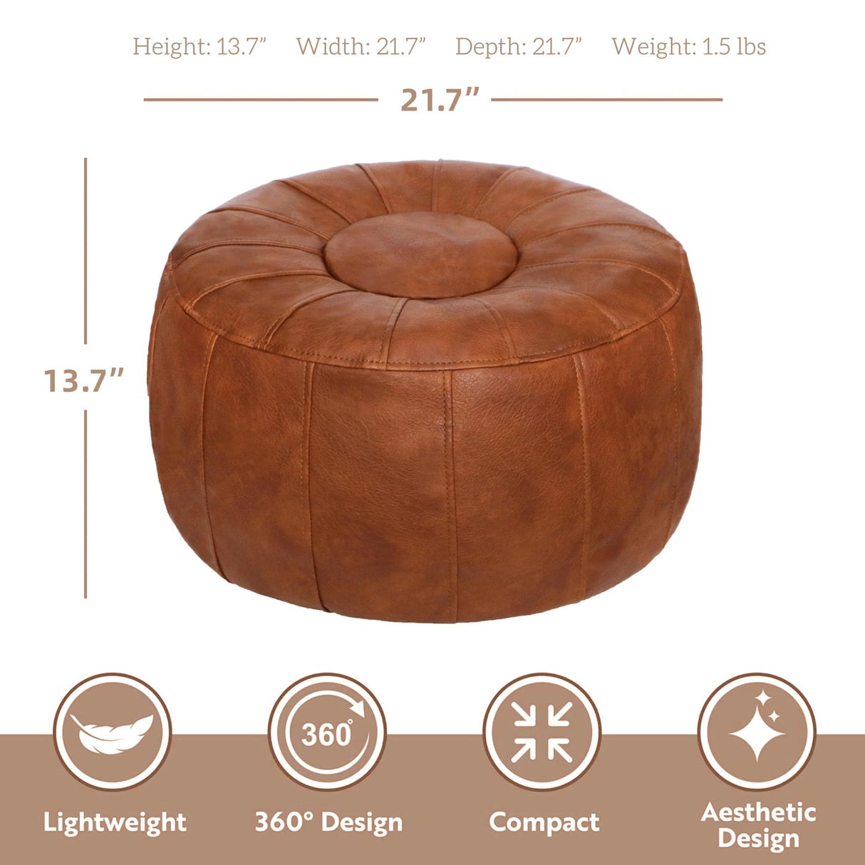 Thgonwid Unstuffed Handmade Moroccan Round Pouf Foot Stool Ottoman Seat Faux Leather Large Storage Bean Bag Floor Chair Foot Rest for Living Room, Bedroom or Wedding Gifts (Light Brown) Thgonwid