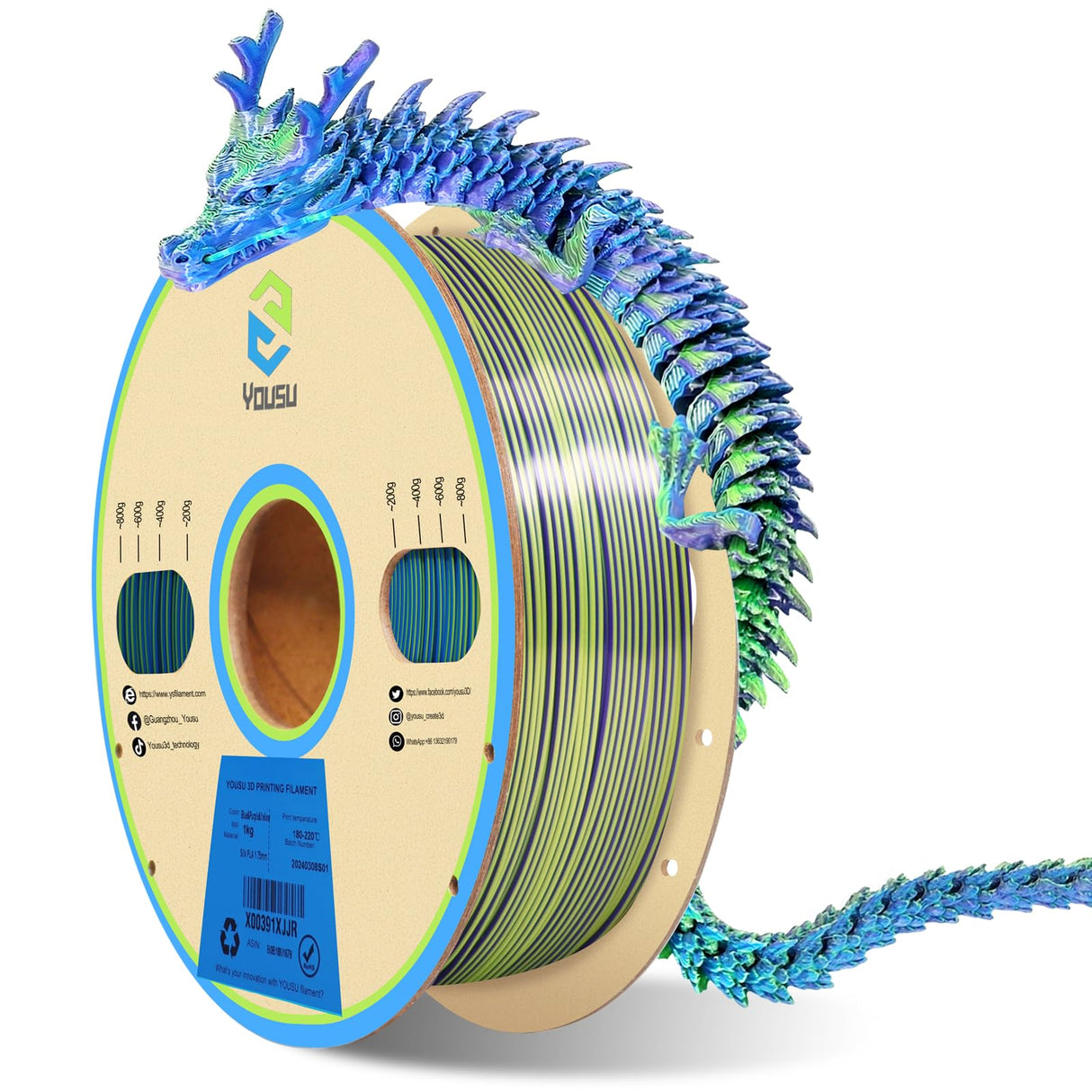 YOUSU 3D Printer Filament, Tri-Colors PLA Filament 1.75mm, Coextrusion Silk PLA Filament, Rainbow PLA Filament with Silk PLA Blue-Purple-Yellow, 3D Printing Filament +/-0.02mm, 1kg/2.2lbs Yousu