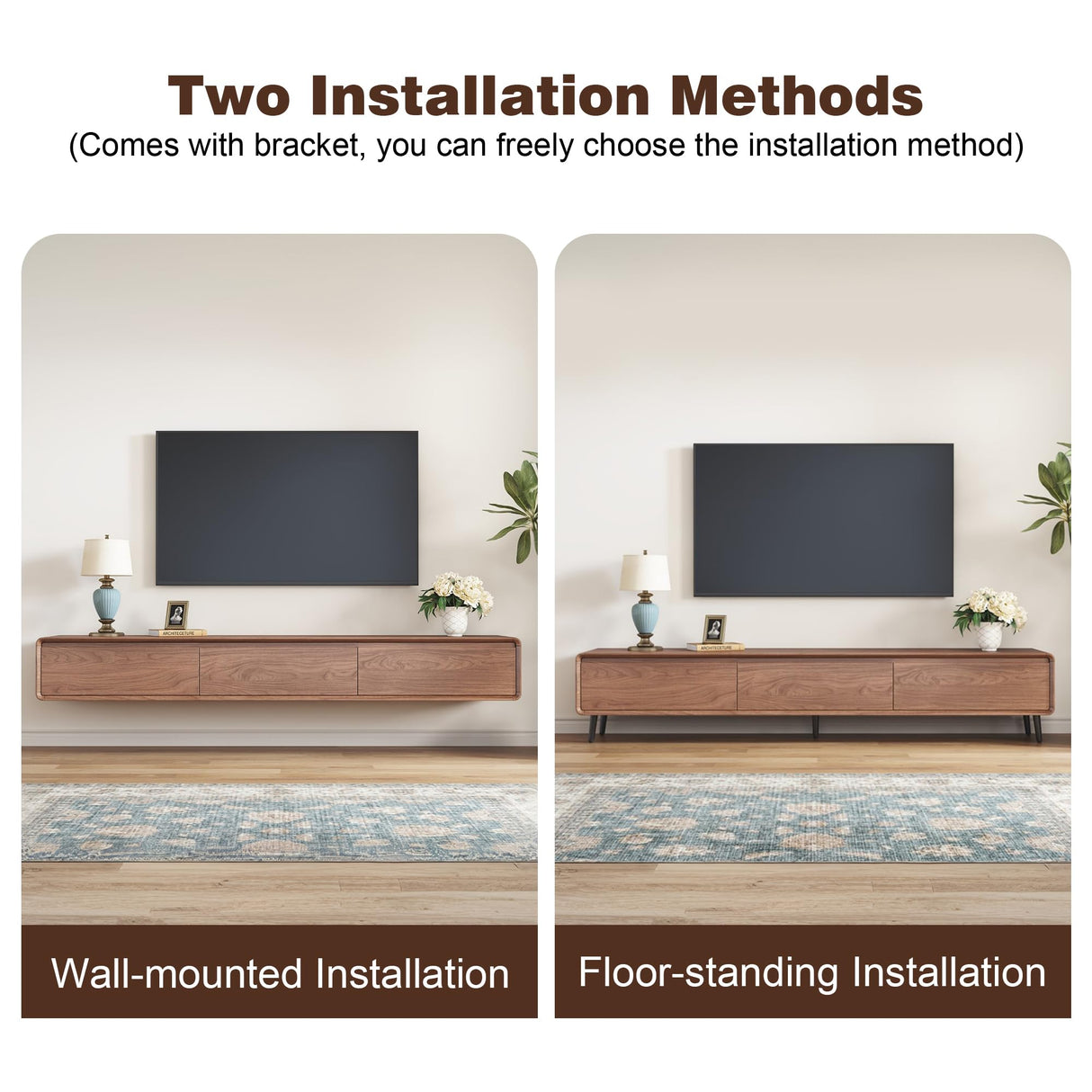 Modern Walnut TV Stand - Mid Century Floor or Floating TV Console, Versatile Entertainment Center with 3 Drawers Fits 65-75-85 Inches TV for Living Room (78.74") Etelifrank