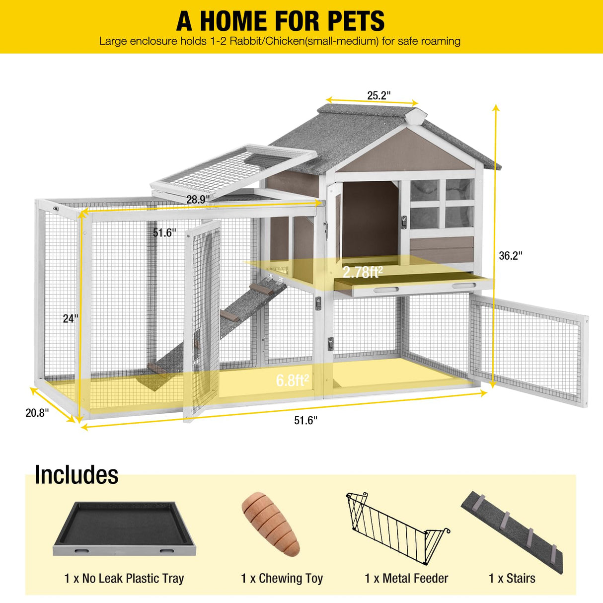 Aivituvin 51.6''L Rabbit Hutch Outdoor Chicken Coop Indoor Bunny Cage with Run,Guinea Pig House Pull Out Upper Tray 51.6" L x 25.2" W x 36.2" H (Brown) Aivituvin