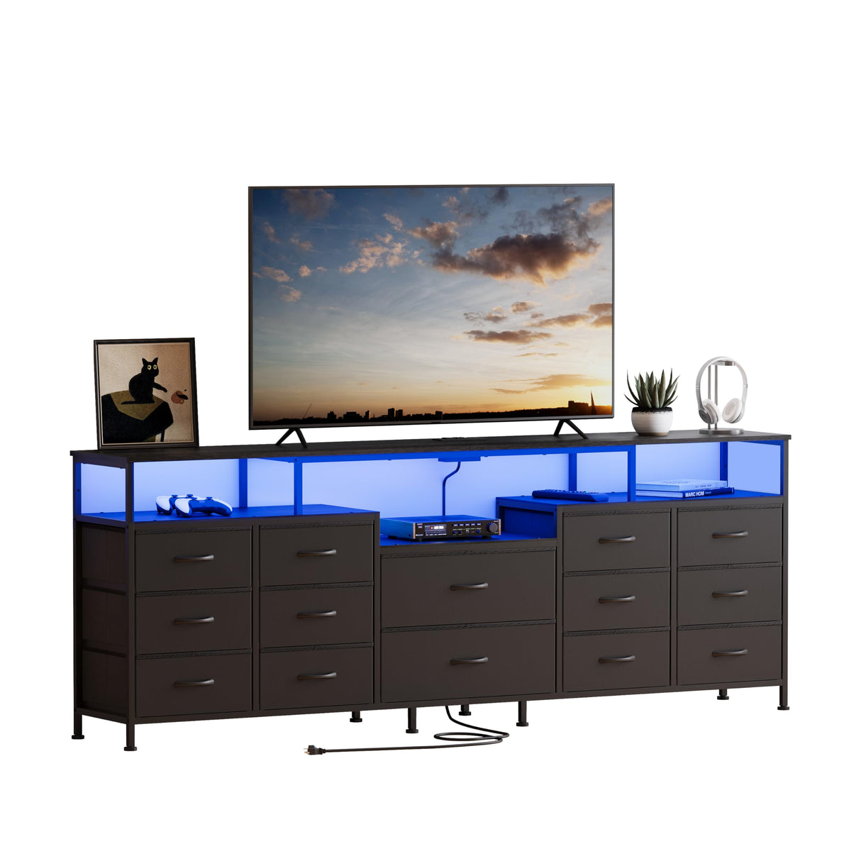 NinPeen 70.9" W Large TV Stand for 65/75/80 inchs TVs,14 Drawer Long Dresser with Charging Station and LED Lights,Entertainment Center with Storage for Living Room (Black, 70.9" W) NinPeen