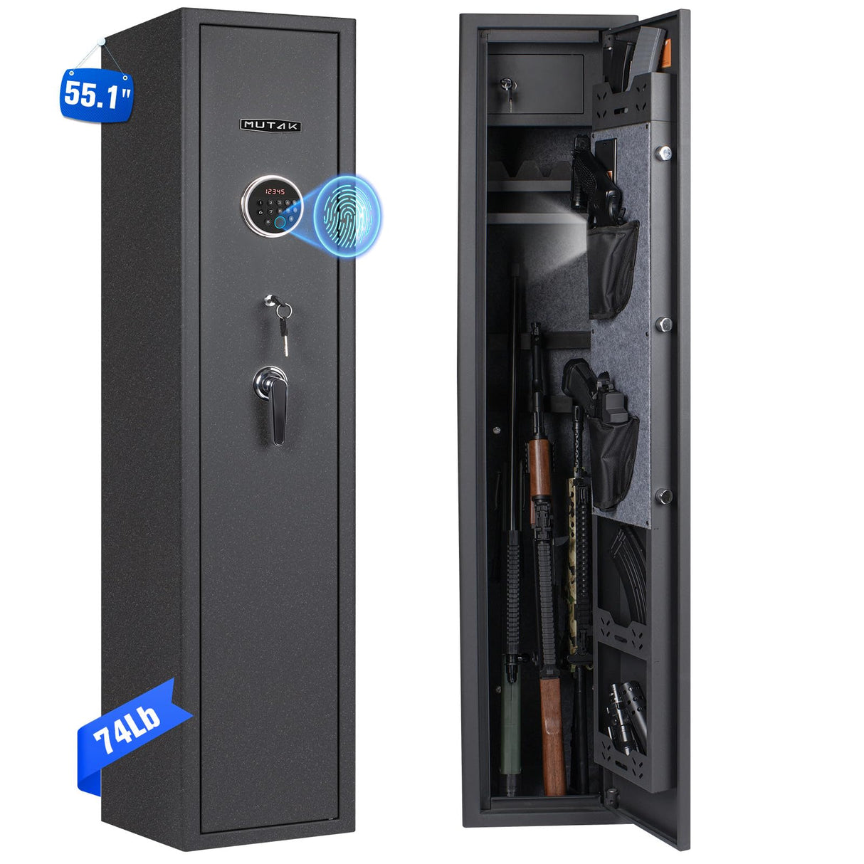 Mutak 4-5 Rifle Gun Safe for Home Rifle and Pistols, Large Capacity Biometric 5 Rifle Safe & 5 Pistols Racks, 4 Ways Quick Access, Gun Cabinet with Alarm & Bright LED (No Assembly Required) Mutak