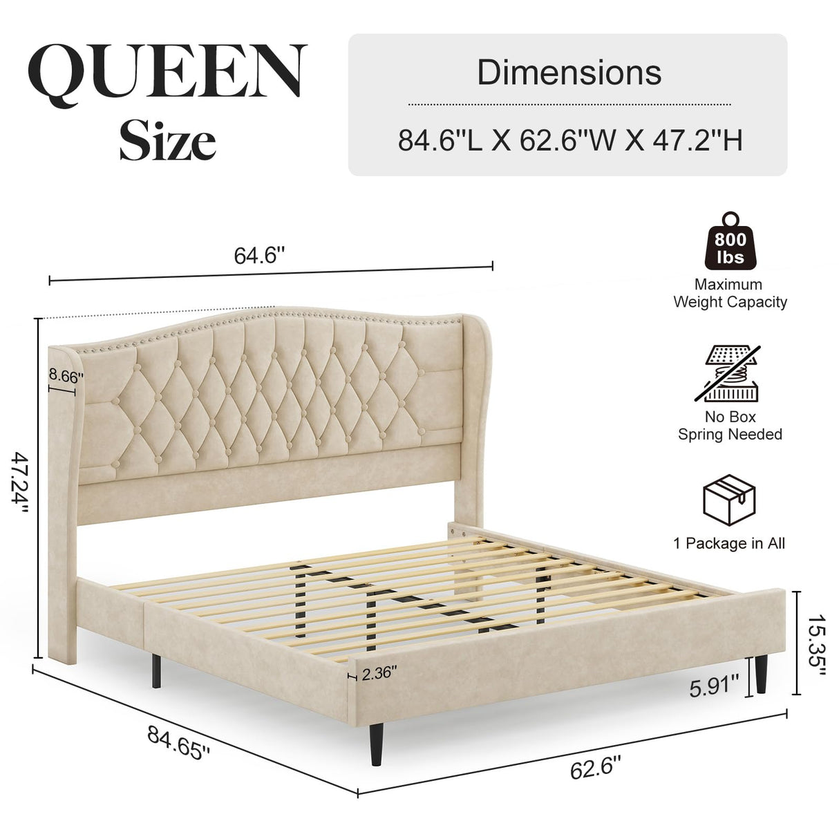 Belffin Queen Bed Frame with Headboard, Luxury Upholstered Velvet Platform Bed with Wingback, Button Tufted & Nailhead Trim, Anti-Slide Tall Footboard, No Box Spring Needed, Noise-Free, Beige Belffin