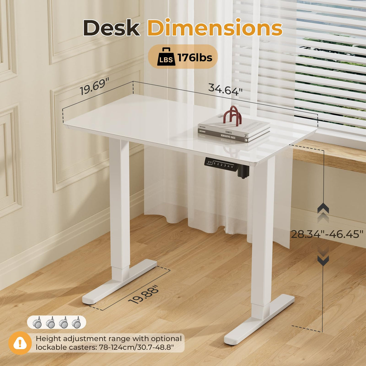 JOY worker Small Glass Standing Desk, 35" x 20" Electric Whole Piece Height Adjustable Desk with 4 Lockable Casters, Mobile White Sit to Stand Desk Workstation for Home Office JOY worker