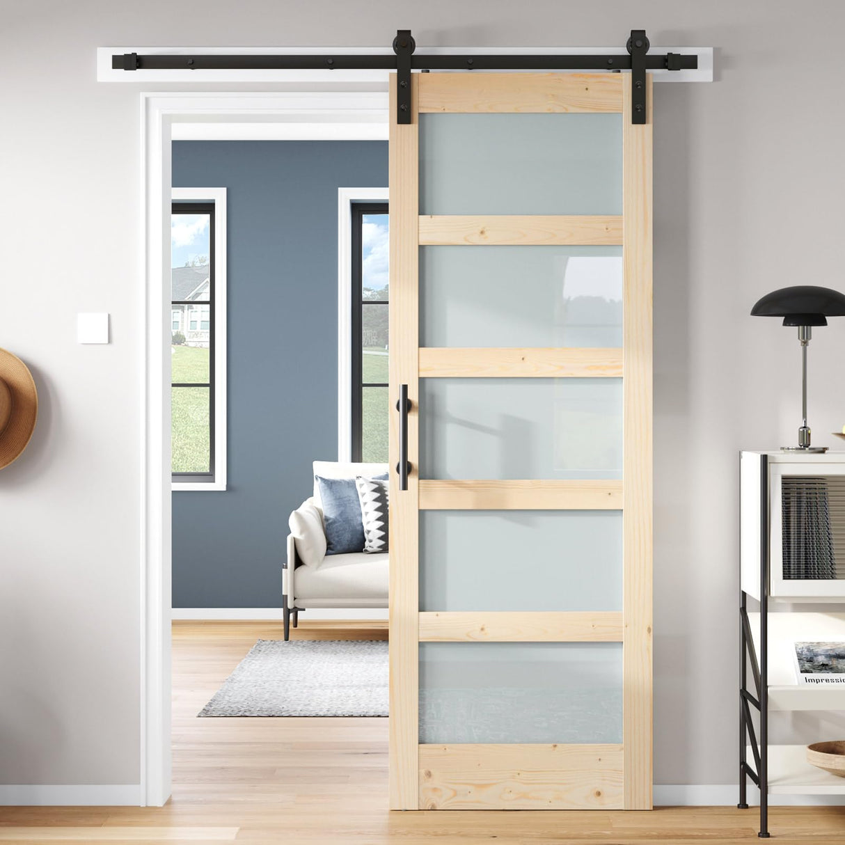 ROYMELO 30x84 inch Glass Sliding Barn Door Slab with 5ft Hardware Kit Included, 5-Panel Frosted Glass, Spruce Wood Support DIY Dyeing, Easy Assembly ROYMELO