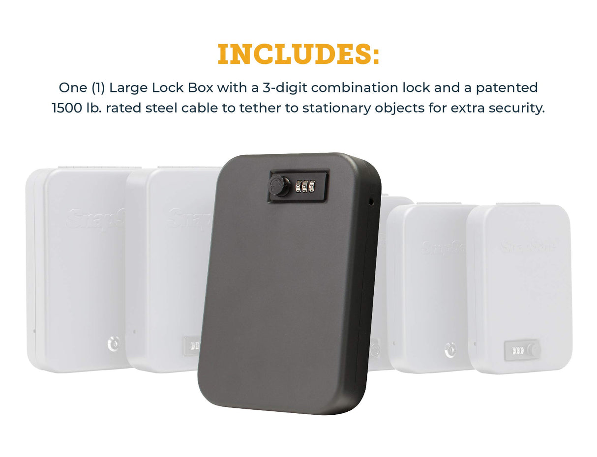 SnapSafe Portable Combination Lock Box for Guns and Valuables - Includes Lock Box (with 3-Digit Combination Lock) and Patented Security Cable - An Ideal Car Gun Safe - Large, 9.5 x 6.5 x 1.75 Inches SnapSafe