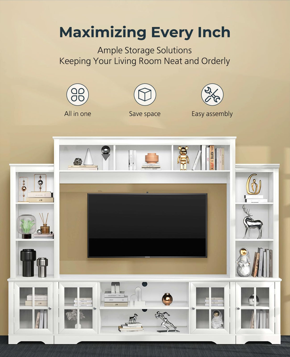 Tatub Large Wall Unit Entertainment Center with Storage, Modern TV Entertainment Center with Bookshelves and Bridge Cabinet, Living Room Tall Bookshelf with Storage, 65.7" Wide for TV Placement, White Tatub