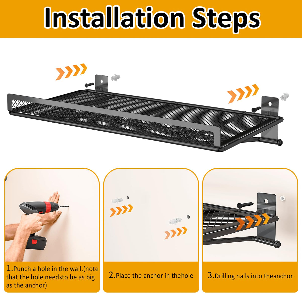 BABKAS Garage Wall Shelving, Metal Garage Wall Shelf with 2 Hooks, Heavy Duty Wall Shelves Mounted for Garage Storage, Laundry Room, Closet and Kitchen | Holds Up to 80 Lbs | 16.5" x 12.2" BABKAS