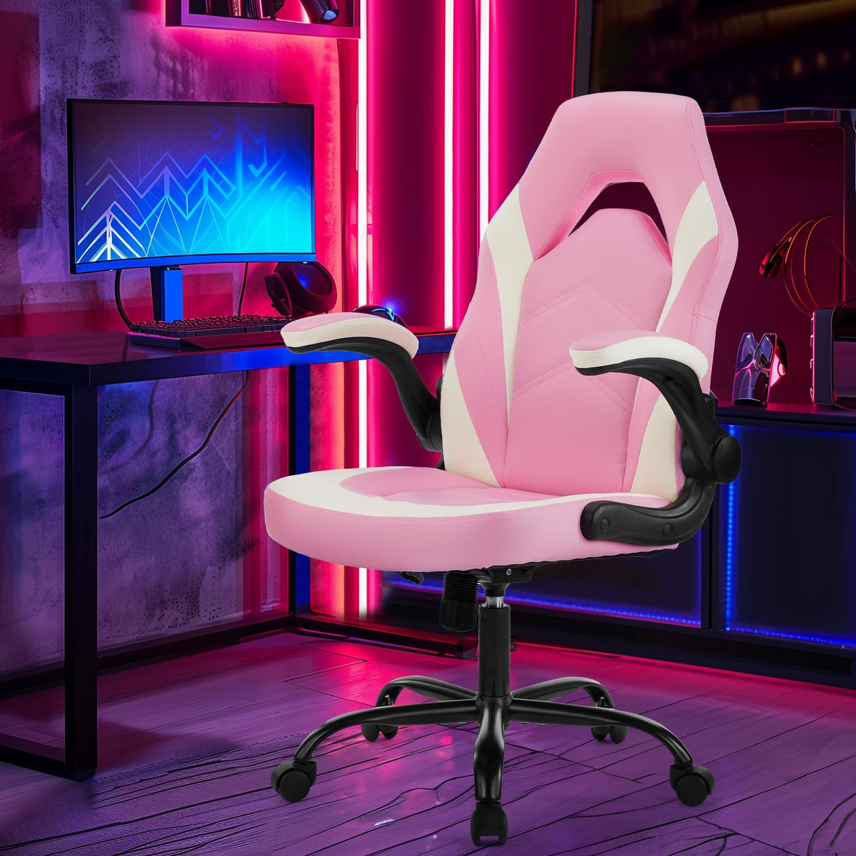 Sweetcrispy Computer Gaming Desk Chair - Pink Ergonomic Office Executive Adjustable Swivel Task PU Leather Racing Chair with Flip-up Armrest for Adults, Kids, Men, Girls, Gamer, White Pink Sweetcrispy