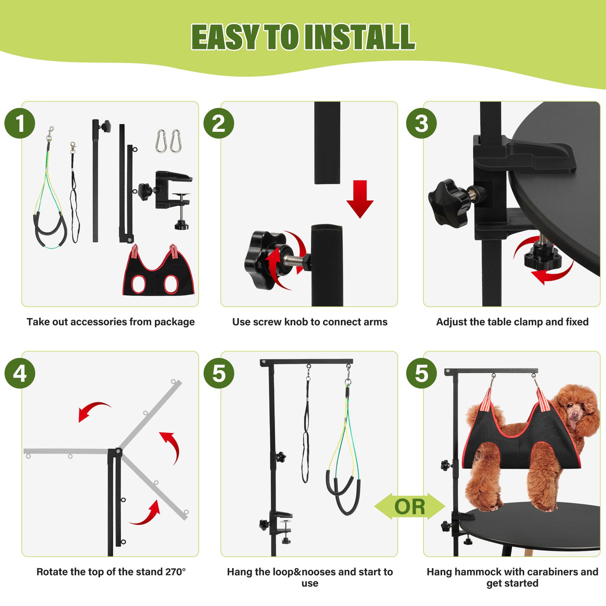 Dog Grooming Arm with Pet Grooming Hammock, getlstub 35" Pet Grooming Table Arm with Adjustable No Sit Haunch Holders, Dog Grooming Stand with Loop Noose for Small and Medium Pets getlstub