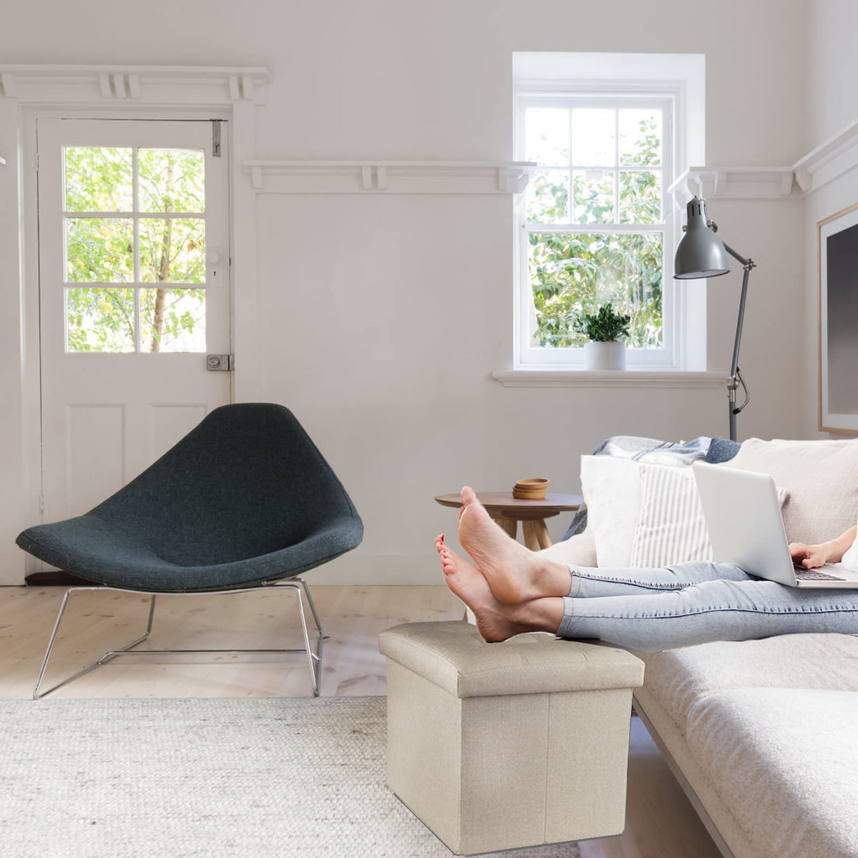 ALASDO Storage Ottoman Footrest Stool Small Ottoman with Storage Foldable Ottoman Foot Rest Footstool Bench for Living Room 17x13x13inches Beige ALASDO