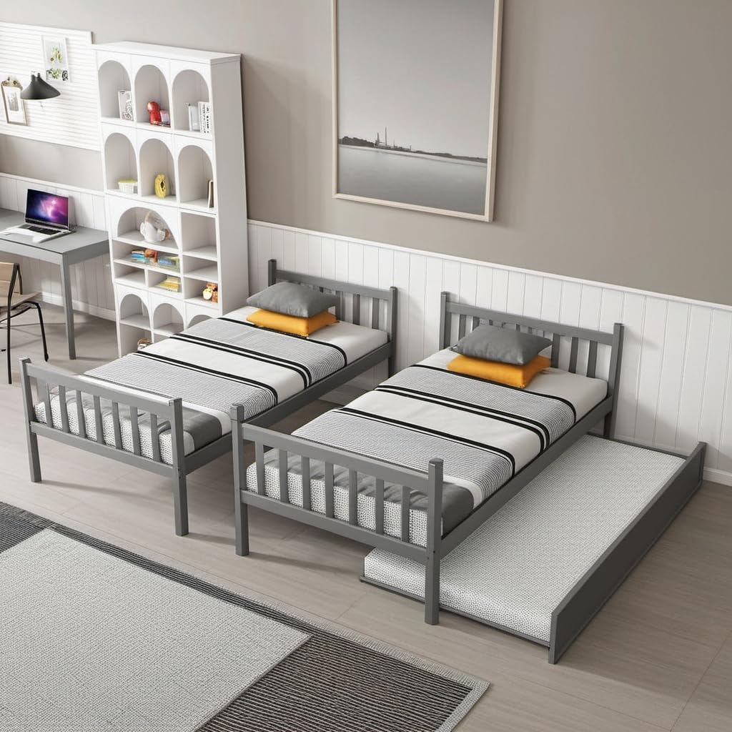 PVWIIK Twin Over Twin Bunk Bed with Trundle and Ladder for Kids Bedroom,Wood Bed Frame with Safety Rails,Convertible to 2 Bed,No Box Spring Needed,Grey PVWIIK