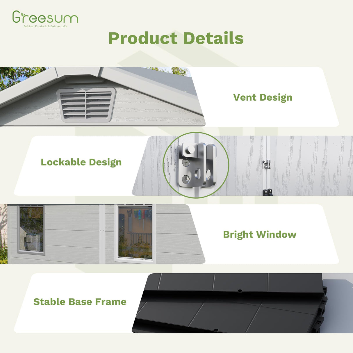 Greesum 6×8FT Plastic Outdoor Storage Shed with Floor, Resin Storaged Sheds with Lockable Double Door, Windows & Vents, All-Weather Tool Sheds for Garden, Backyard, Patio, Light Gray Greesum