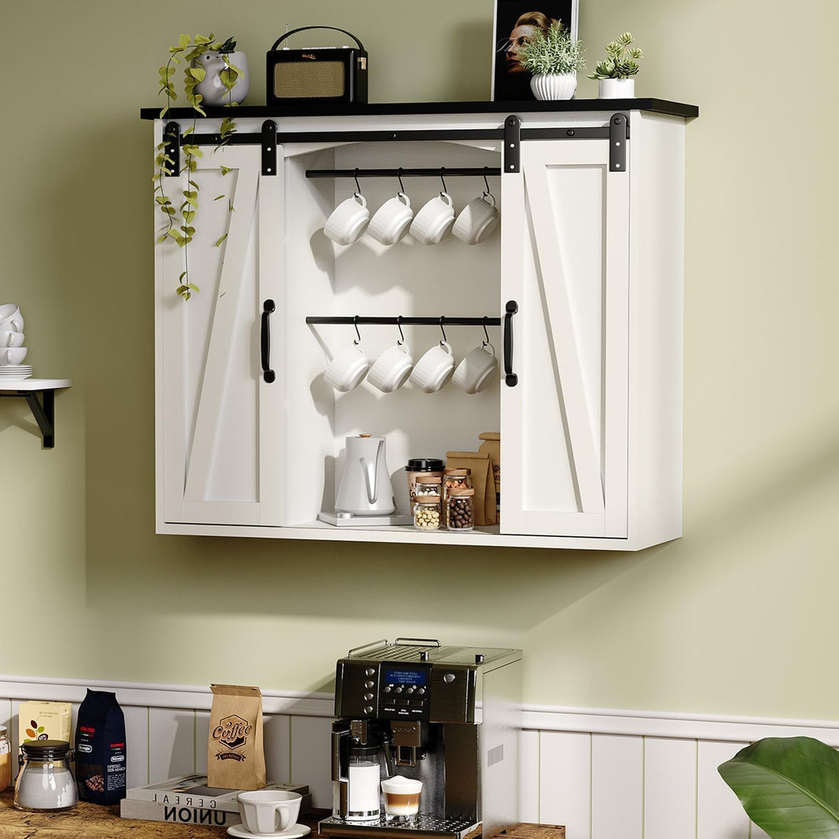 4ever2buy Farmhouse Coffee Bar with Storage, 31.5 Inch Floating Kitchen Wall Cabinet with 6 Hooks for Wall, Wall Mount Cabinet with Barn Door for Living Room, White Kitchen Wall Cabinet 4ever2buy