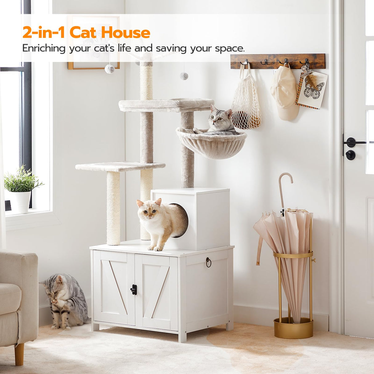 HOOBRO Cat Tree Tower with Litter Box Enclosure for Indoor Cats, Wooden Cat Condo with Scratching Posts, Cat Litter Box Furniture Hidden, All-in-One Cat Toy with Cat House, White WT15MZ03 HOOBRO