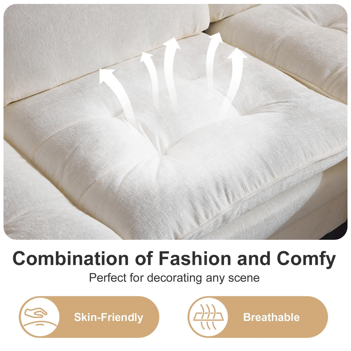 VINGLI 129'' Reversible Sectional Couches for Living Room,L-Shaped Couch Sofa Set with Chaise,Comfy Cloud Couches in Lattice Decored Seat Cushion with Double Pads, Creamy-White VINGLI