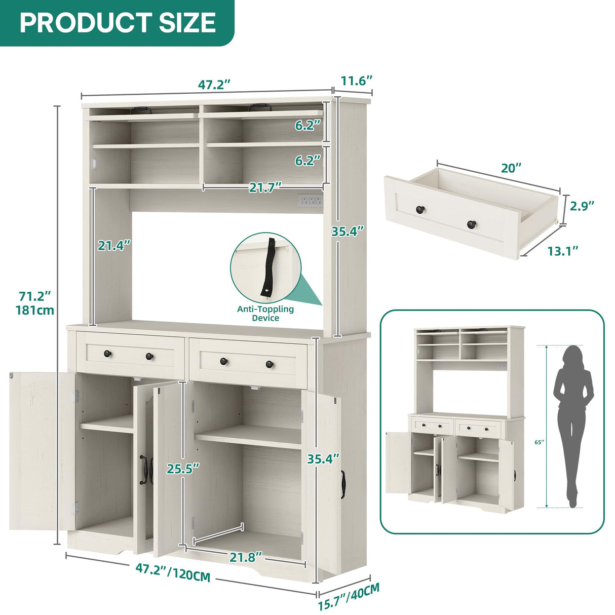 YITAHOME 71" Kitchen Pantry Cabinet with Charging Station, Tall Farmhouse Kitchen Hutch Cabinets with Microwave Stand and Storage, Buffet Pantry Cupboard with Countertop for Dining Room, White YITAHOME